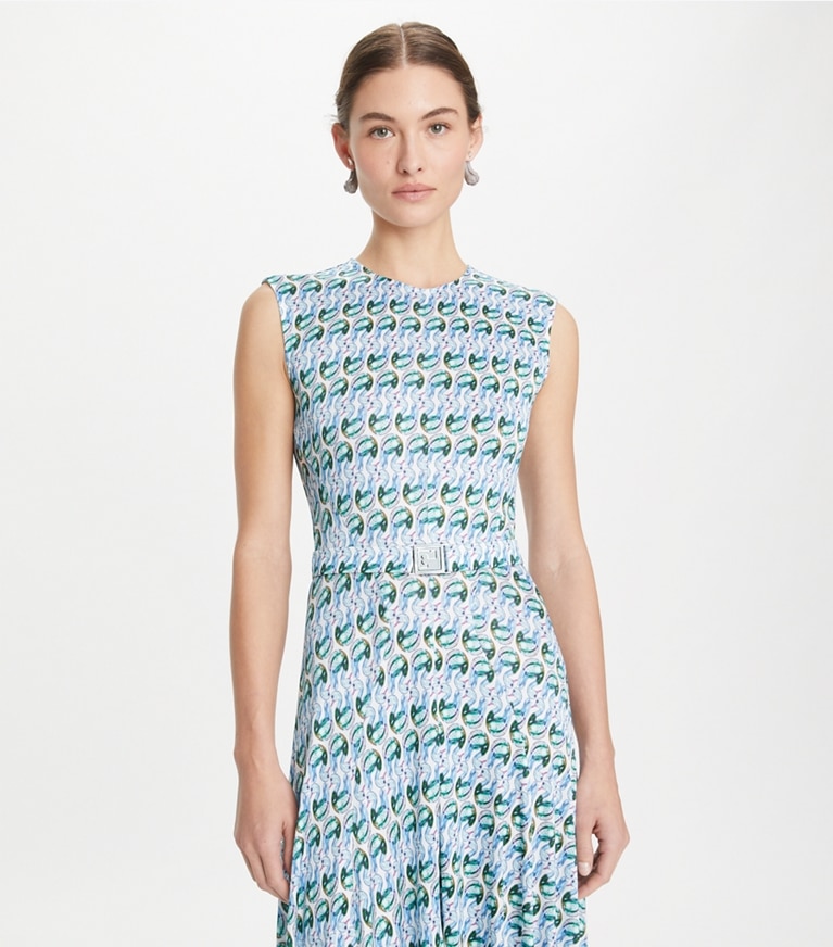 Tory Burch designer dresses Lucky Duck Viscose and Silk Dress in Blue Glass Swan Allover front