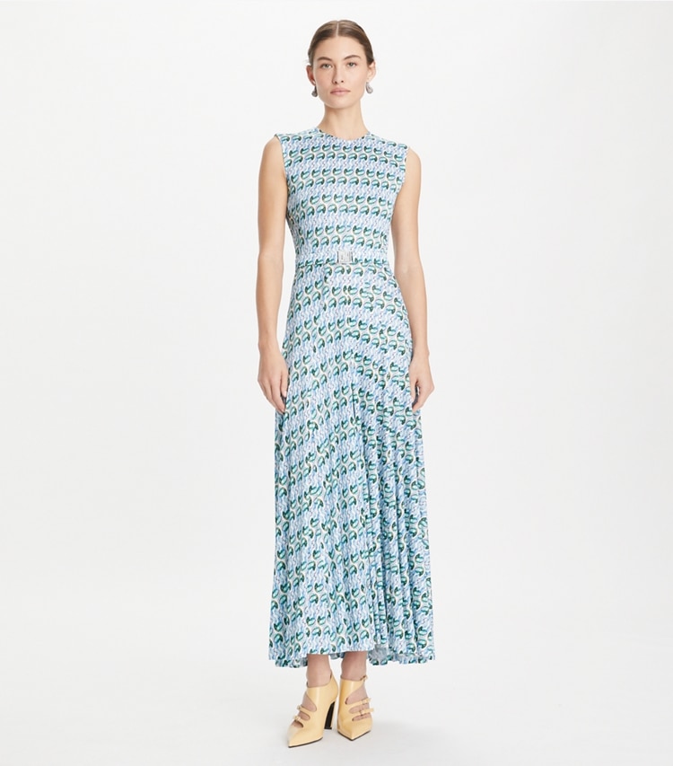 Tory Burch designer dresses Lucky Duck Viscose and Silk Dress in Blue Glass Swan Allover on model front