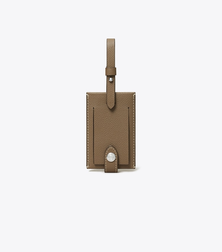 Tory Burch designer travel accessories Luggage Tag in Wild Mushroom front