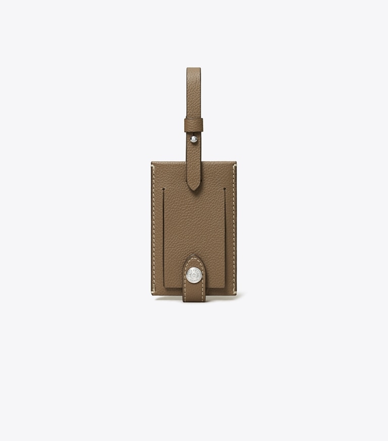 Tory Burch designer travel accessories Luggage Tag in Wild Mushroom angle