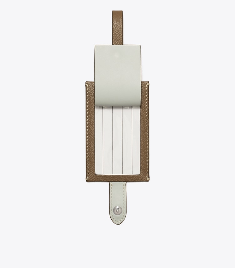 Tory Burch designer travel accessories Luggage Tag in Wild Mushroom overhead