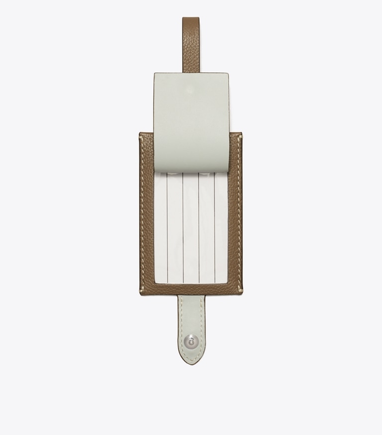 Tory Burch designer travel accessories Luggage Tag in Wild Mushroom angle