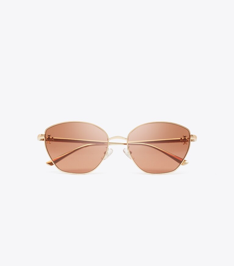 Tory Burch designer lunettes Lunettes de soleil œil de chat en métal Kira dans LIGHT ROSE GOLD/RED BROWN vue du dessus