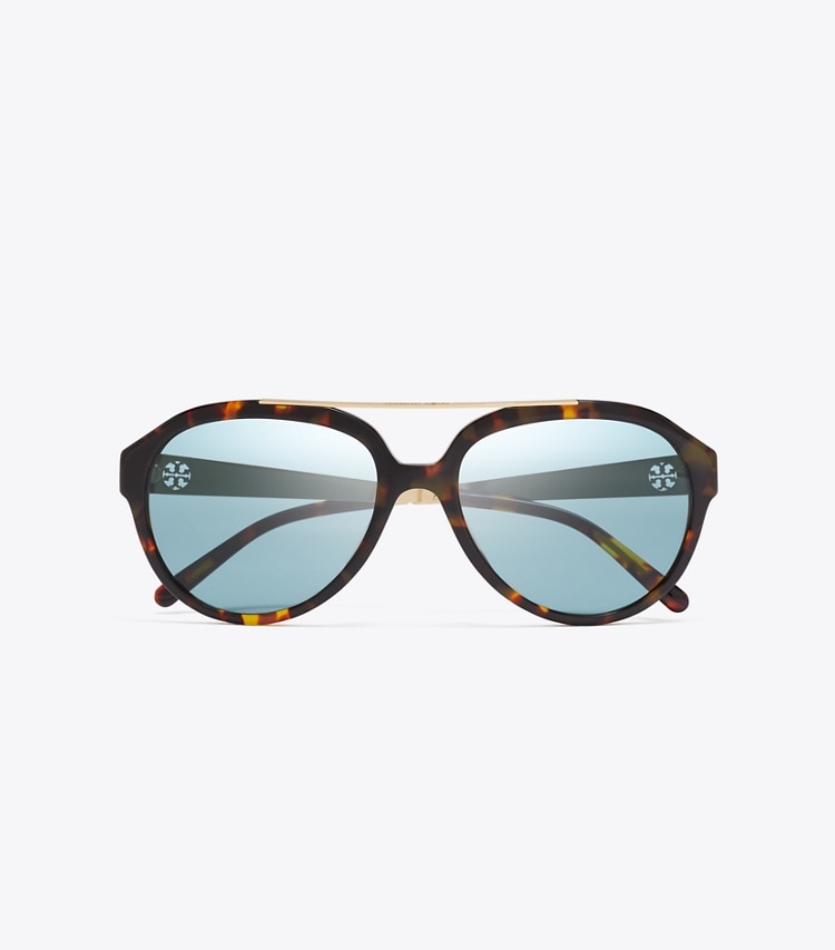 Tory Burch designer lunettes Lunettes de soleil aviateur Miller dans TORTOISE/PETROL GREEN vue du dessus
