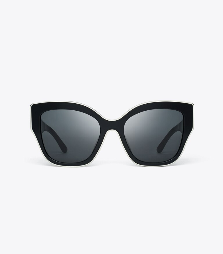 Tory Burch designer lunettes Lunettes de soleil cat eye oversize in BLACK W/IVORY PIPING/SOLID GREY front