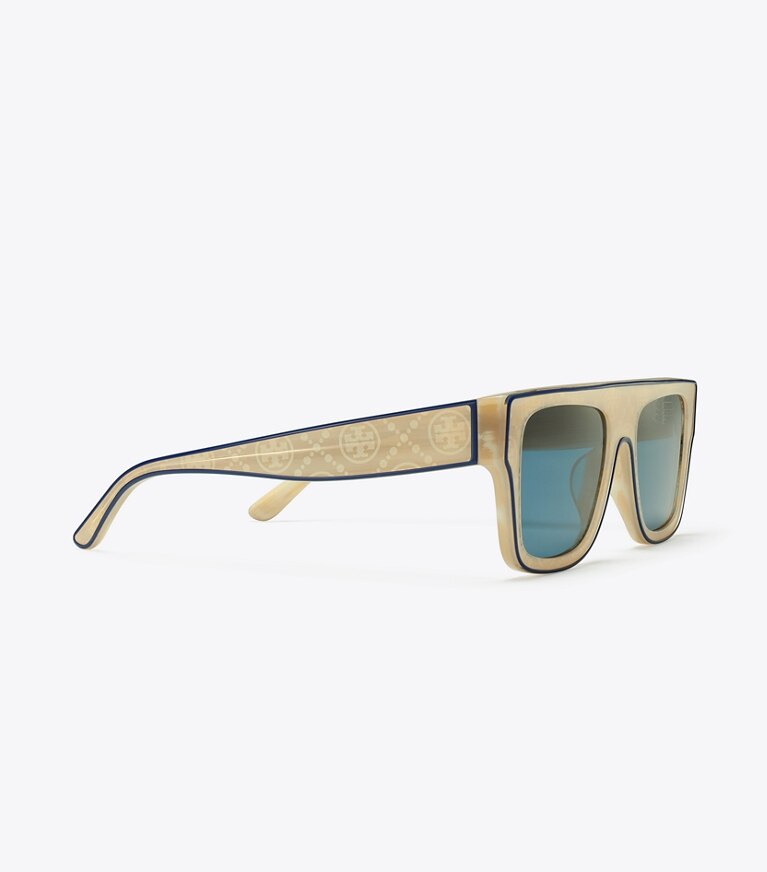 Tory Burch designer lunettes Lunettes de soleil géométriques surdimensionnées dans IVORY T MONOGRAM/NAVY PIPING/ SOLID NAVY détails