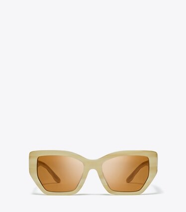 Tory Burch designer lunettes Lunettes de soleil géométriques surdimensionnées Kira dans IVORY HORN/SOLID BROWN de face