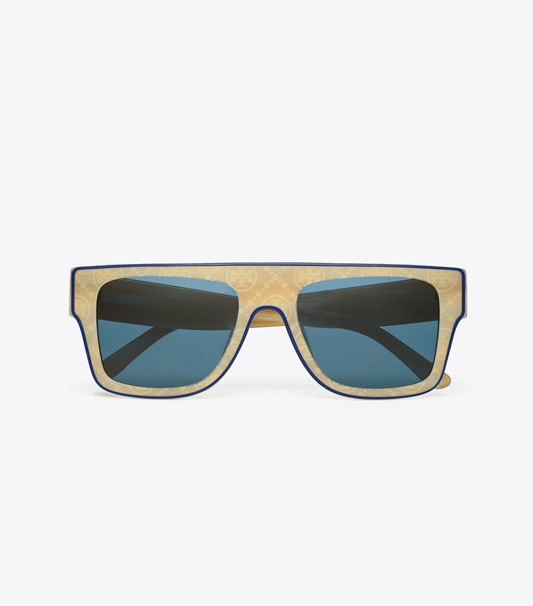 Tory Burch designer lunettes Lunettes de soleil géométriques surdimensionnées dans IVORY T MONOGRAM/NAVY PIPING/ SOLID NAVY vue du dessus