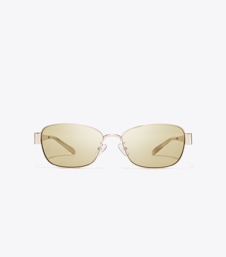 Tory Burch designer lunettes Lunettes de soleil Miller rectangulaires en métal dans SHINY LIGHT GOLD/GREEN de face