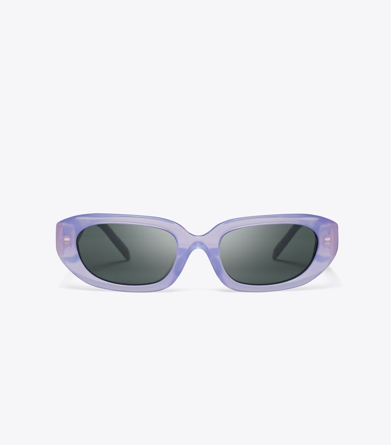 Tory Burch designer lunettes Lunettes de soleil rectangulaires à T monogram dans MILKY PURPLE/GREY de face