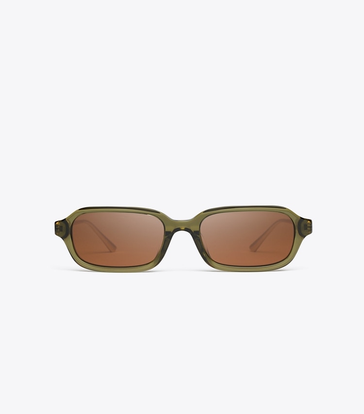 Tory Burch designer lunettes Lunettes de soleil rectangulaires en métal Kira dans TRANSPARENT OLIVE/BROWN de face