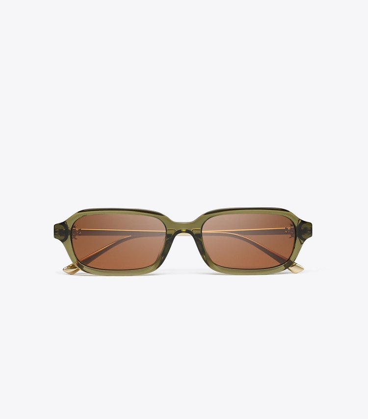 Tory Burch designer lunettes Lunettes de soleil rectangulaires en métal Kira dans TRANSPARENT OLIVE/BROWN vue du dessus