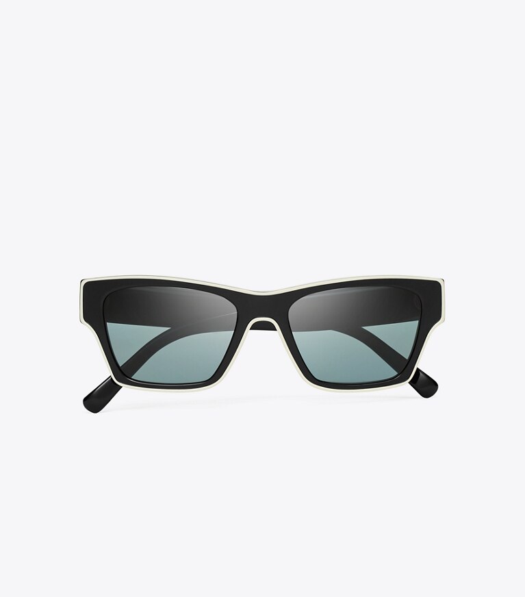 Tory Burch designer lunettes Lunettes de soleil rectangulaires dans BLACK/IVORY/DARK GREY POLAR vue du dessus