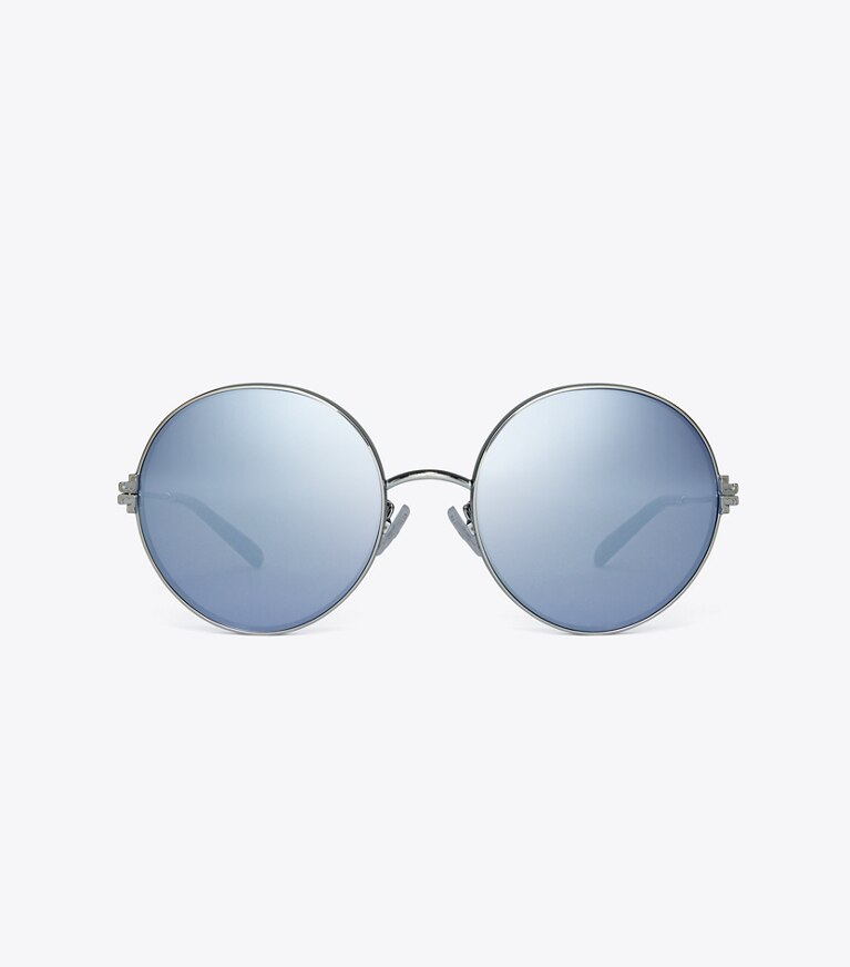 Tory Burch designer lunettes Lunettes de soleil rondes en métal Eleanor dans SHINY SILVER/DARK BLUE MIRROR de face