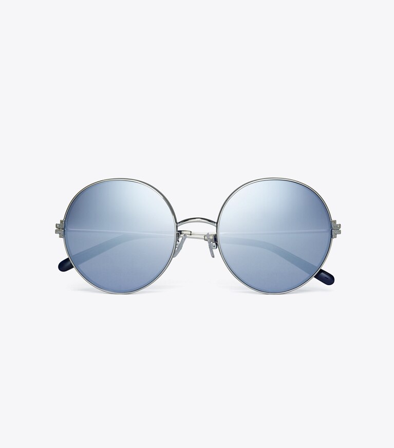 Tory Burch designer lunettes Lunettes de soleil rondes en métal Eleanor dans SHINY SILVER/DARK BLUE MIRROR vue du dessus