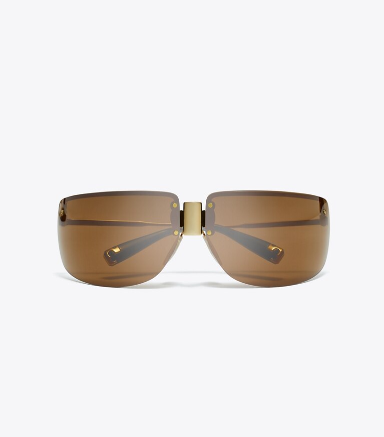 Tory Burch designer lunettes Lunettes de soleil Shield Runway dans SHINY GOLD/BROWN vue du dessus
