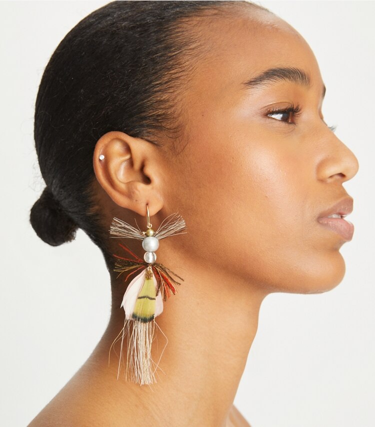 Tory Burch designer earrings Lure Earring in Tory Gold / Multi accessory on model