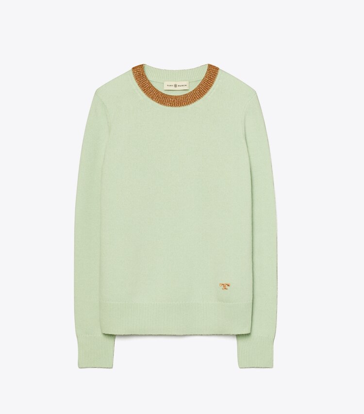 Tory Burch designer sweaters Lurex Cashmere Sweater in Clear Mint front