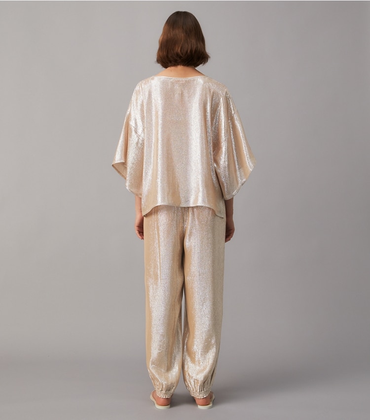 Tory Burch designer bottoms Lurex Elastic-Waist Pant in Champagne Lurex on model back