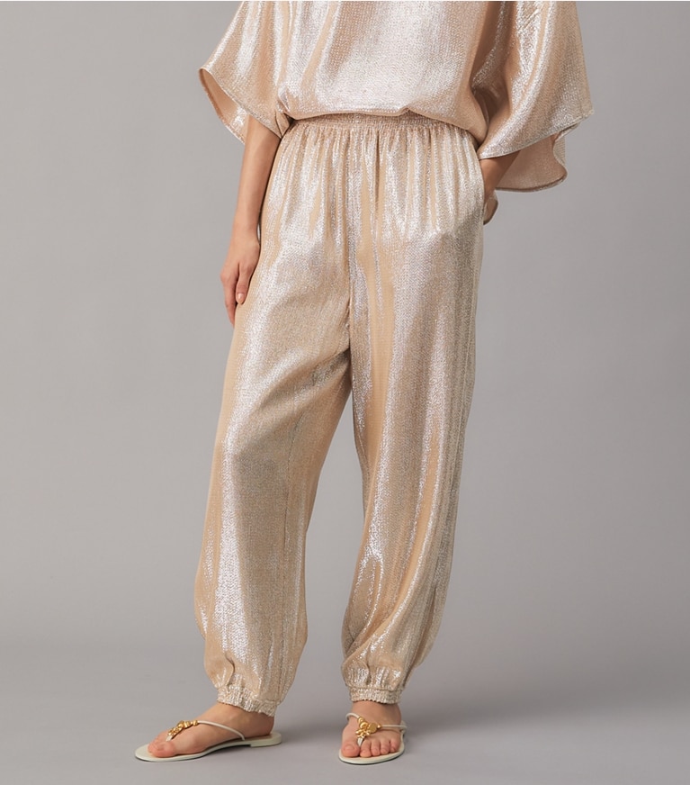 Tory Burch designer bottoms Lurex Elastic-Waist Pant in Champagne Lurex front