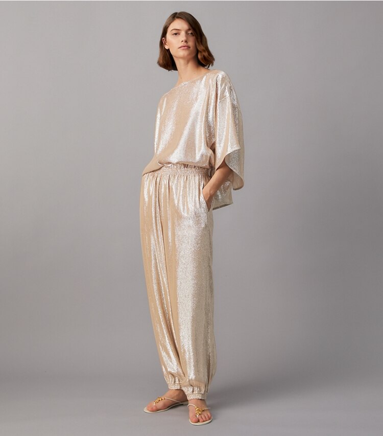 Tory Burch designer bottoms Lurex Elastic-Waist Pant in Champagne Lurex on model front