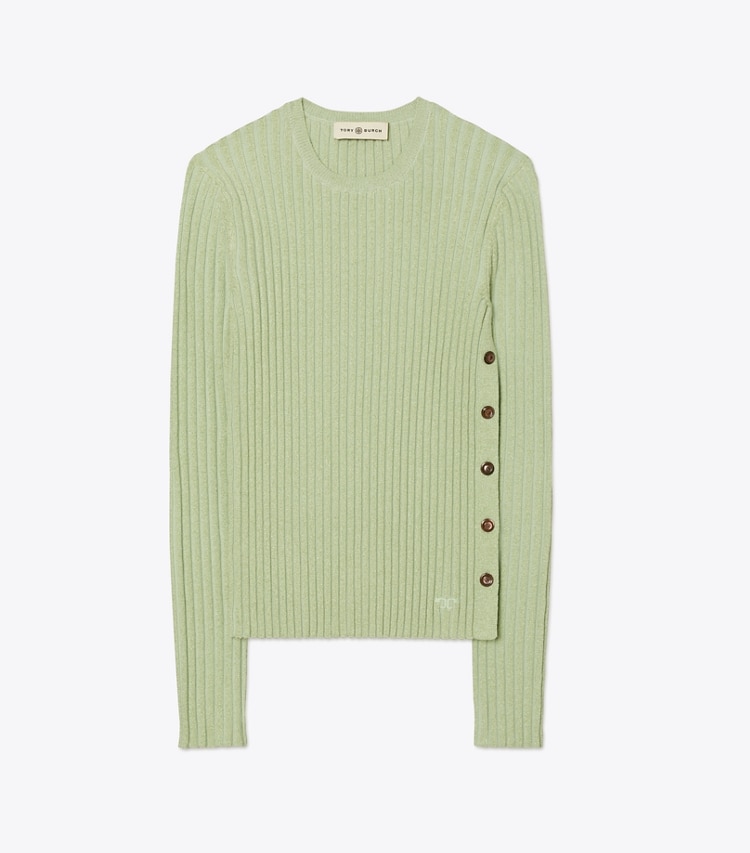 Tory Burch designer sweaters Lurex Stripe Crewneck in Clear Mint front