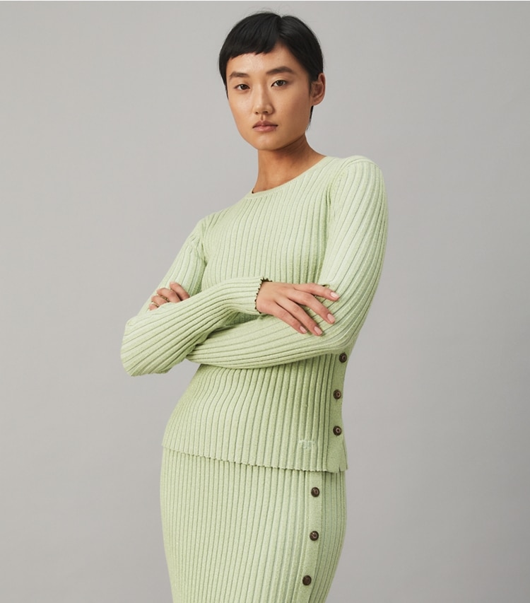 Tory Burch designer sweaters Lurex Stripe Crewneck in Clear Mint on model detail
