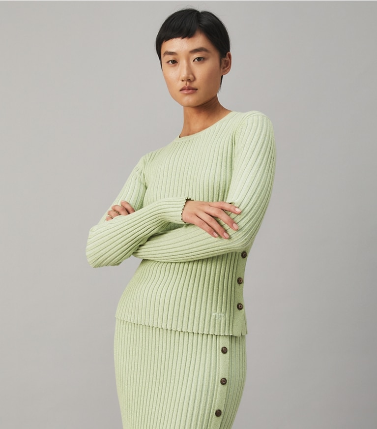 Tory Burch designer sweaters Lurex Stripe Crewneck in Clear Mint front
