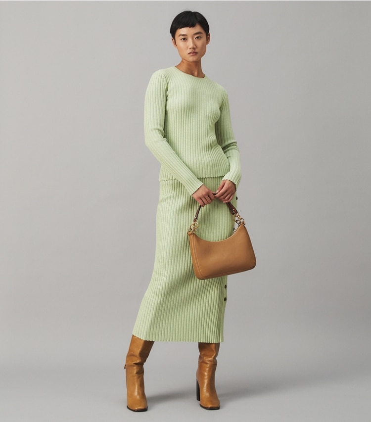 Tory Burch designer sweaters Lurex Stripe Crewneck in Clear Mint on model front