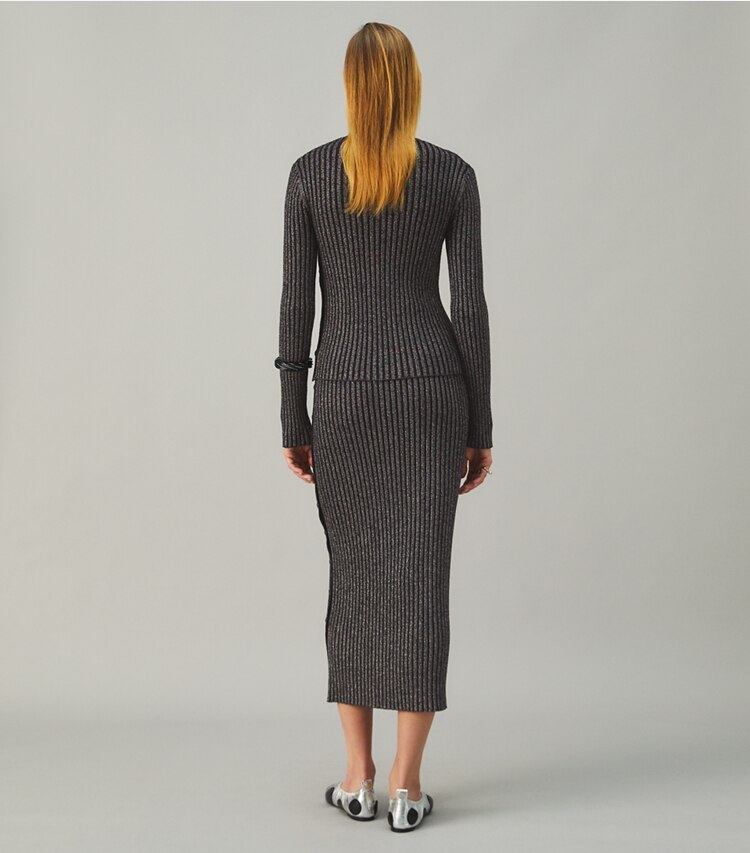 Tory Burch designer bottoms Lurex Stripe Knit Skirt in Black on model back