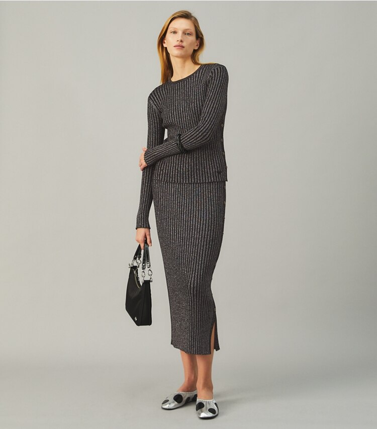 Tory Burch designer bottoms Lurex Stripe Knit Skirt in Black on model front