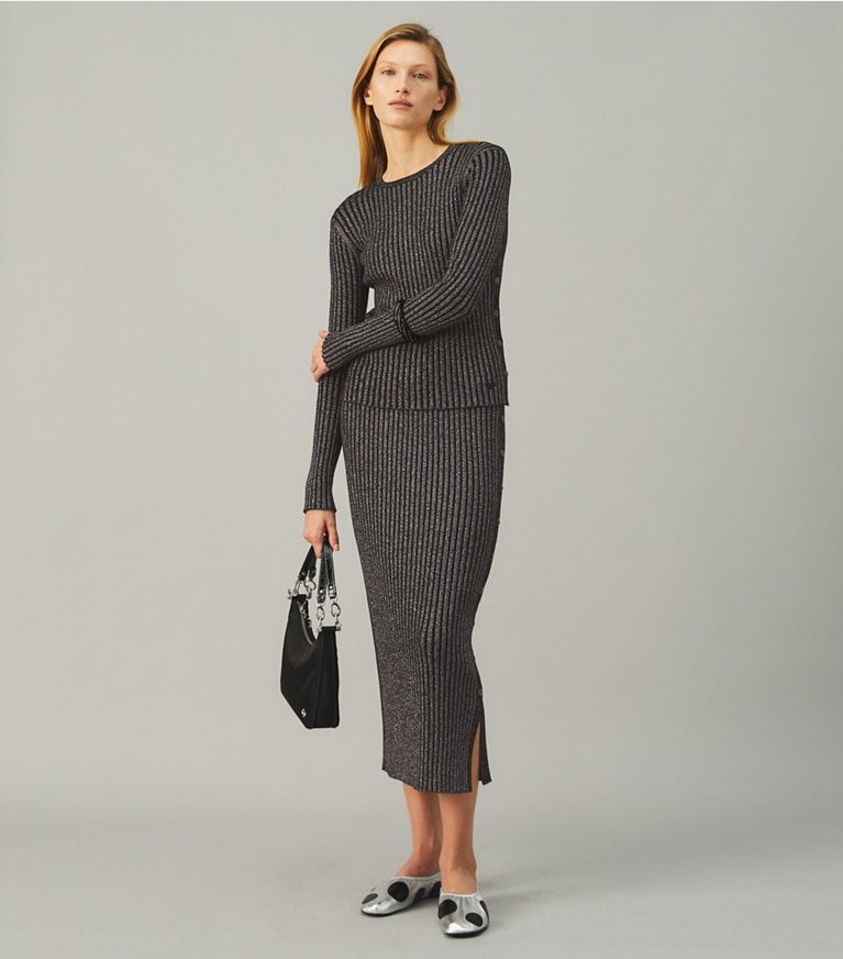 Tory Burch designer bottoms Lurex Stripe Knit Skirt in Black front