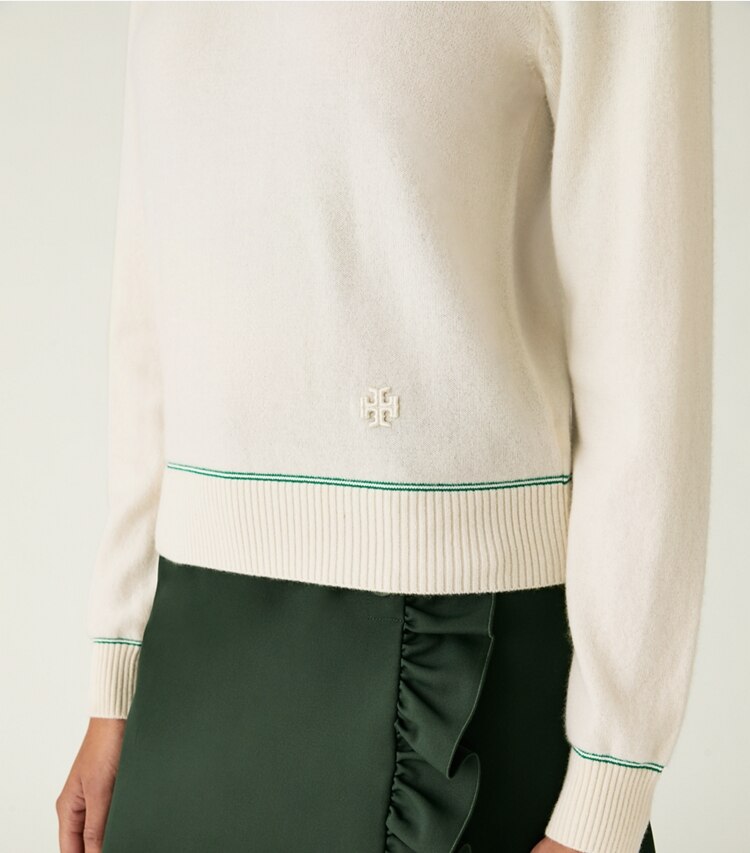 Tory Sport designer sweaters Luxe Cashmere Tipped Sweater in NEW IVORY on model detail