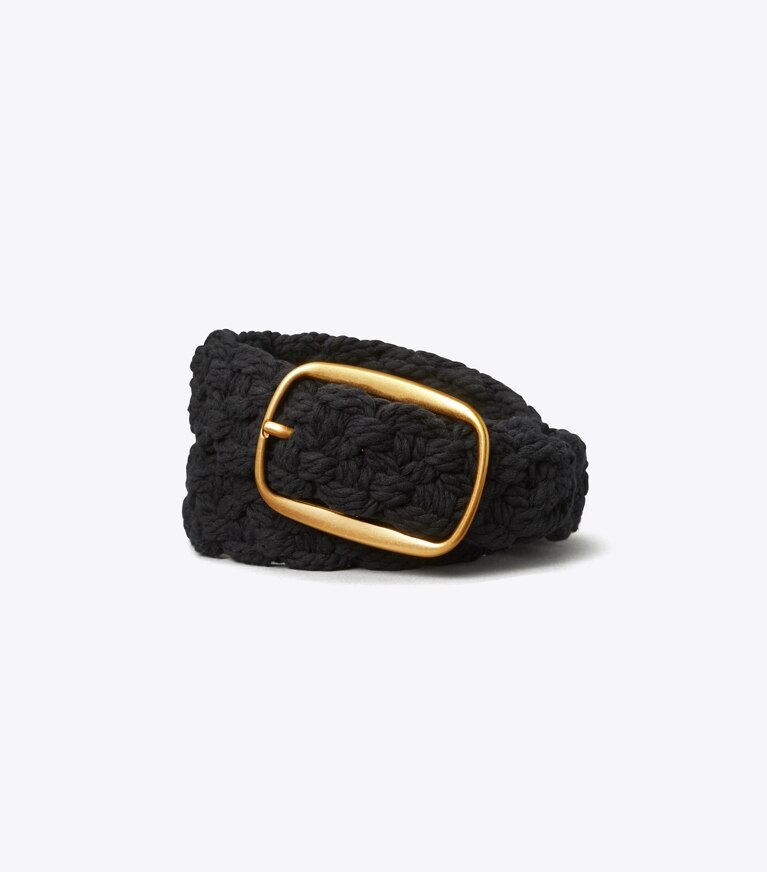 Tory Burch designer belts Macramé Logo Belt in Black front
