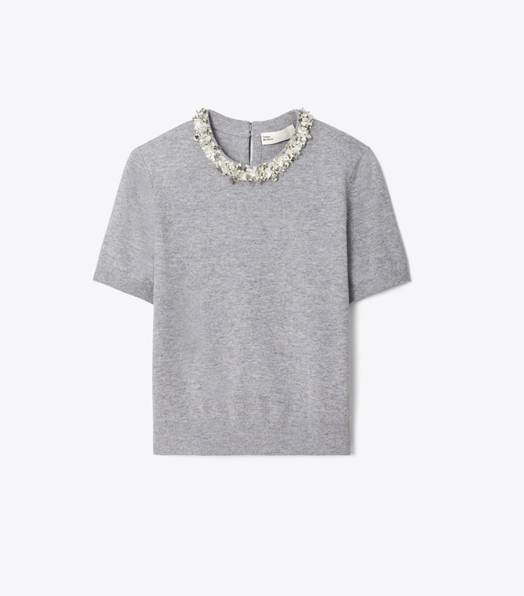 Tory Burch designer maglioni Maglia a maniche corte in lana con paillettes in Gray Melange front