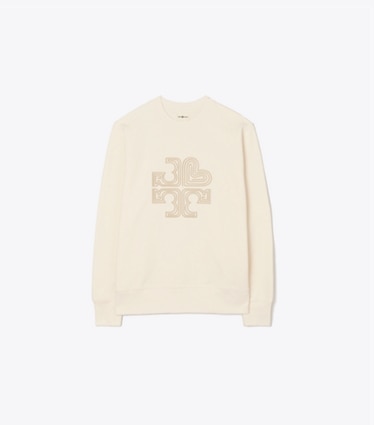 Tory Burch designer maglioni Maglia girocollo felpata in spugna di cotone con logo in Ivory Pearl front