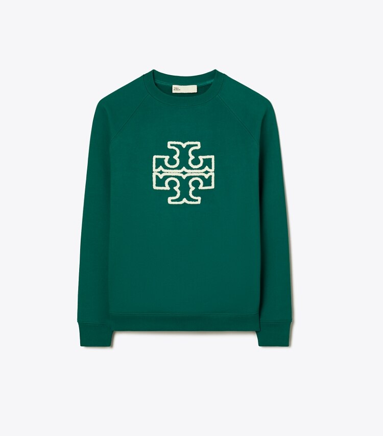 Tory Burch designer maglioni Maglia girocollo in merino e spugna di cotone con maniche raglan in Emerald front