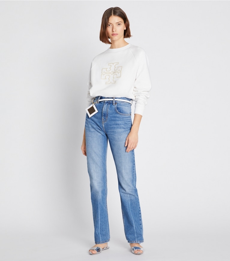 Tory Burch designer maglioni Maglia girocollo in merino e spugna di cotone con maniche raglan in Snow White front