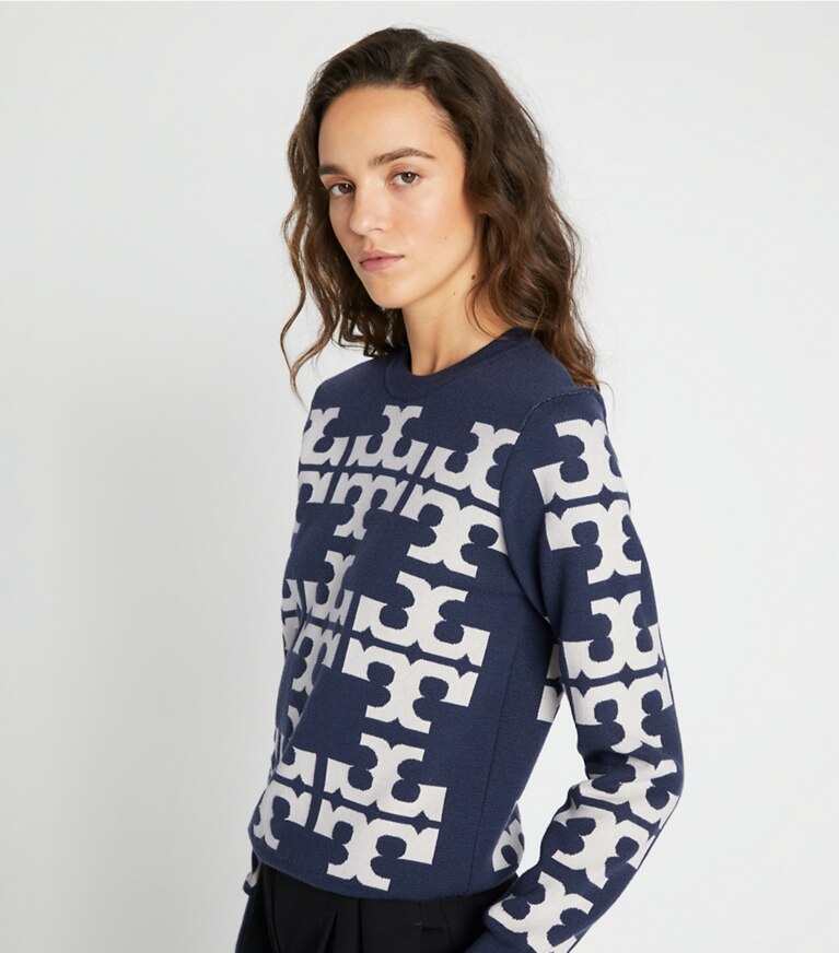 Tory Sport designer maglioni Maglia in lana con logo in Grey Thunder / NEW IVORY front