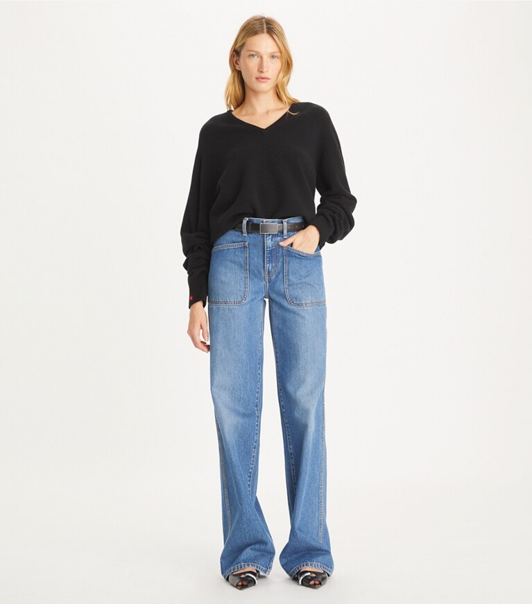 Tory Burch designer maglioni Maglia in lana con scollo a V in Black front