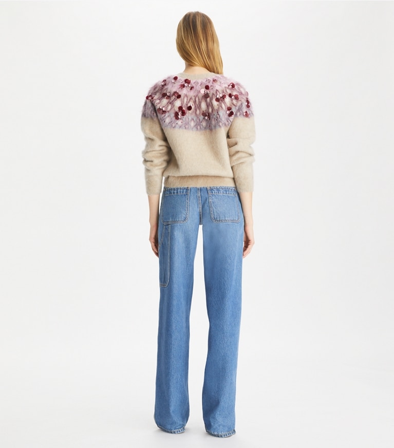 Tory Burch designer maglioni Maglia in lana decorata in Beige Stone / Mulberry Wine front