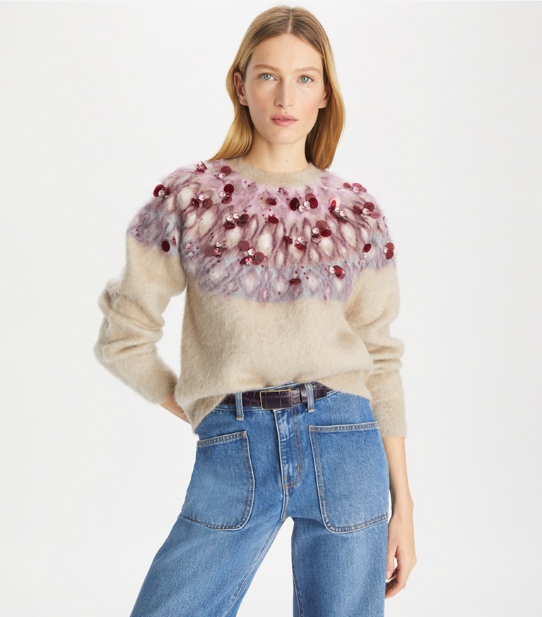 Tory Burch designer maglioni Maglia in lana decorata in Beige Stone / Mulberry Wine front