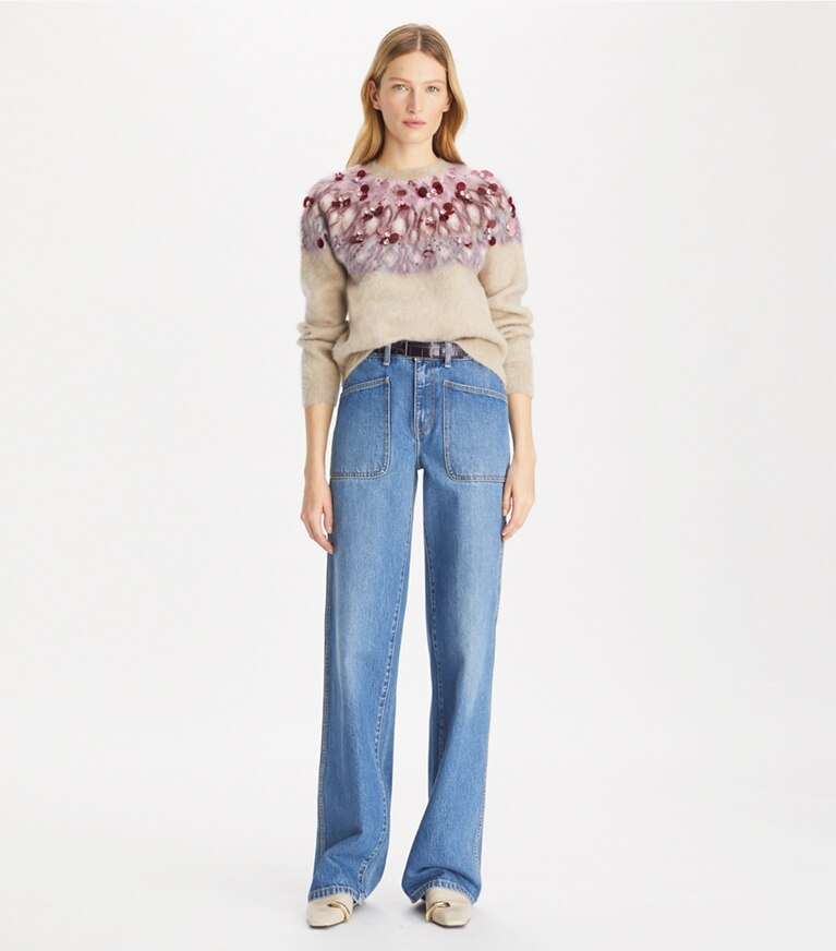 Tory Burch designer maglioni Maglia in lana decorata in Beige Stone / Mulberry Wine front