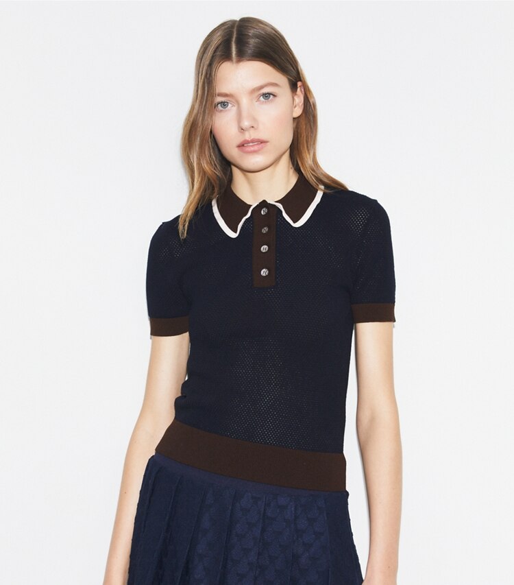 Tory Sport designer maglioni Maglia in viscosa traforata in Tory Navy on model detail