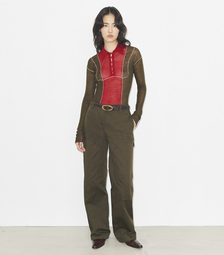 Tory Burch designer maglioni Maglione in lana color-block in Olive / Red parte anteriore su modella