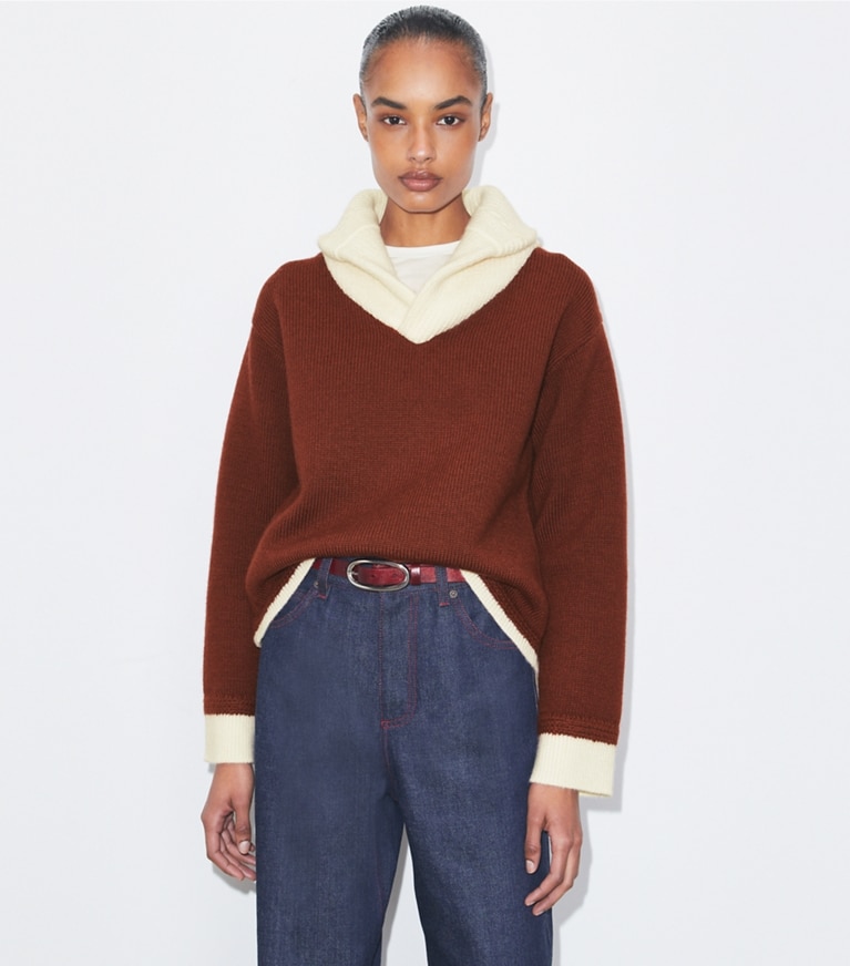 Tory Burch designer maglioni Maglione in lana con collo a contrasto in Dark Cranberry / White front