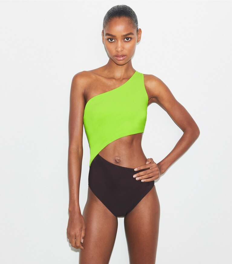 Tory Burch designer une pièce Maillot de bain à découpe in Deep Chocolate / Vivid Lime front