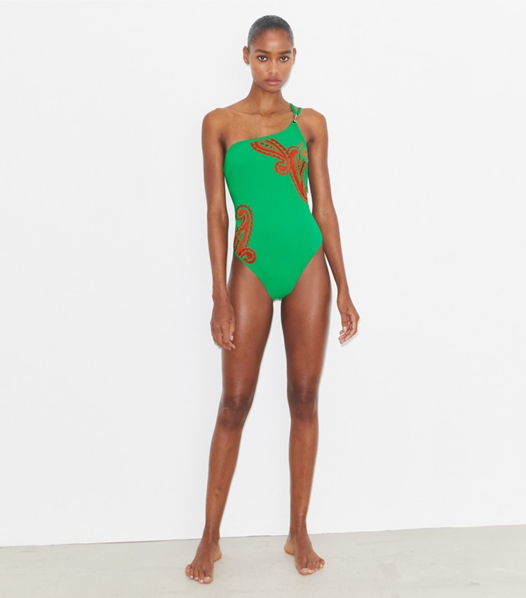 Tory Burch designer une pièce Maillot de bain asymétrique Clip in Spring Jade Paisley sur mannequin, devant