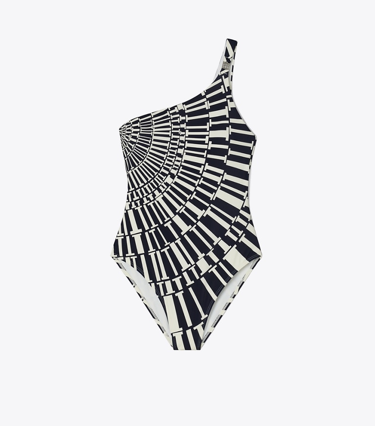 Tory Burch designer une pièce Maillot de bain asymétrique dans Medium Navy Circle T de face