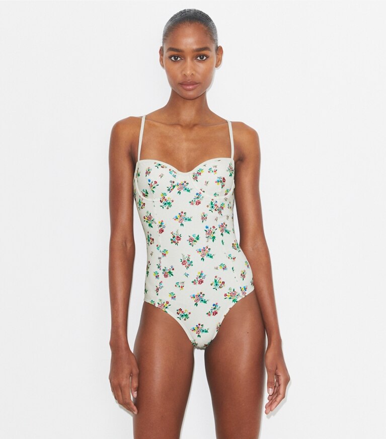 Tory Burch designer une pièce Maillot de bain balconnet dans Multi Ditsy Floral détail sur modèle